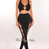 36 Points Black Ribbed Silver O-Ring Cut Out Pants Two Piece Set