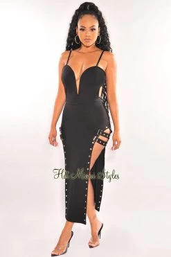 Queen Mania Black Spaghetti Straps Keyhole Silver Buckle Double Slit Dress