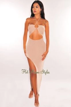 Flauntings Nude Shimmery Halter Cut Out Slit Maxi Dress Just In