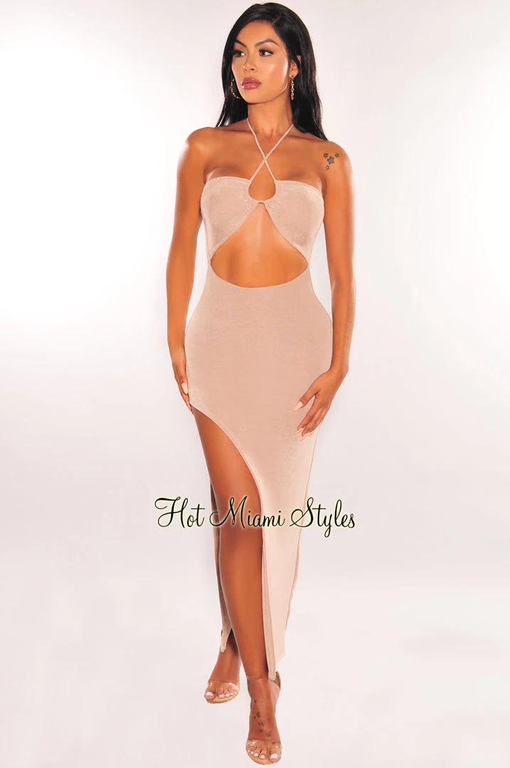 Flauntings Nude Shimmery Halter Cut Out Slit Maxi Dress Just In