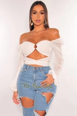 MEEK Just In White O-Ring Cut Out Long Sleeve Wrap Around Crop Top
