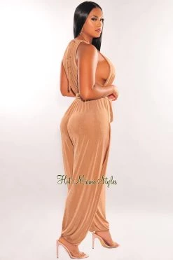 Bloom USA Mocha Shimmery Slit Hem Belted Harem Jumpsuit