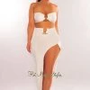 Dexire Just In White Strapless Tie Up Gold Ring Slit Skirt Two Piece Set