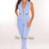 Rehab Just In Light Wash Denim Collared Sleeveless Zipper Cut Out Jumpsuit