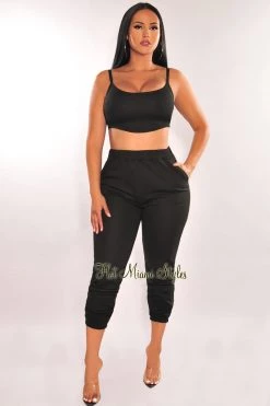 Privy HMS Lounge: Black Textured Tank Joggers Pants Two Piece Set Just In
