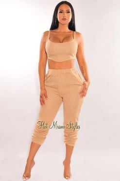 Privy HMS Lounge: Mocha Textured Tank Joggers Pants Two Piece Set