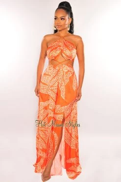 LUXXEL Orange Animal Print O-Ring Cord Cut Out Double Slit Maxi Dress Just In
