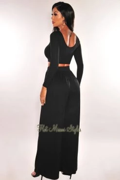 GOODTIME USA Black Round Neck Long Sleeve Palazzo Pant Two Piece Set