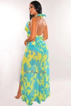 LUXXEL Lime Blue Halter Tie Up Cut Out Double Slit Maxi Dress