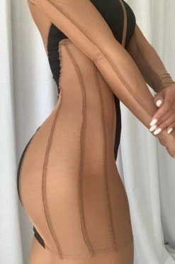 Queen Mania Black Nude Mesh Sheer Long Sleeve Mini Dress
