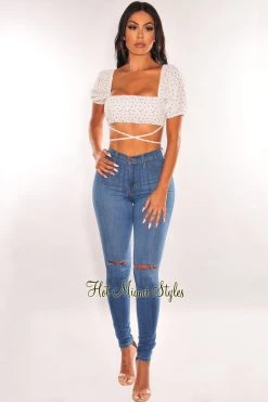 EDIT BY NINE White Floral Print Short Sleeve Wrap Around Crop Top
