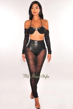 Hot & Delicious Black Faux Leather Underwire Ruched Mesh Pants Two Piece Set Just In