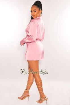 EDIT BY NINE Just In Blush Silky Collared Long Sleeve Knotted Slit Shirt Dress