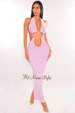 WIN WIN APPARIL Lilac Halter Drawstring Keyhole Cut Out Dress Just In