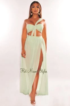 REhab Just In Sage One Shoulder Cut Out Strappy Slit Maxi Dress