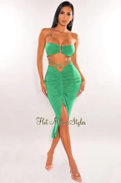 Flauntings Just In Emerald Strapless Gold Ring Wrap Around Slit Skirt Two Piece Set