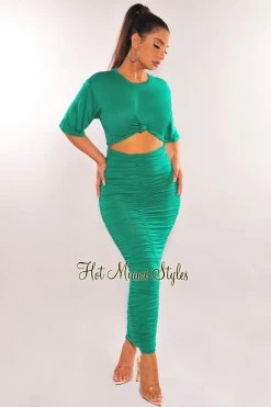 Cherie Green Short Sleeve Cut Out Ruched Maxi Dress Just In