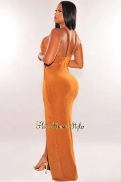 LUXXEL Caramel Shimmery Twist Rope Cut Out Slit Maxi Dress Dresses