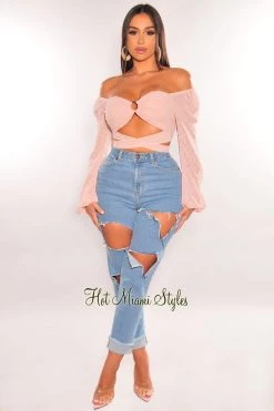 MEEK Blush O-Ring Cut Out Long Sleeve Wrap Around Crop Top