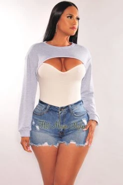 HYFVE Outerwear Light Gray Long Sleeve Cropped Cut Out Sweater