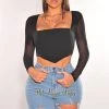 EDIT BY NINE Just In Black Mesh Squared Neck Boned Long Sleeve Bustier Top