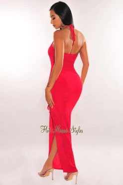 MEEK Red Ribbed Shimmery Halter Drawstring Slit Maxi Dress