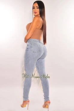 Queen Mania Denim Wash High Waist Lace Up Skinny Jeans Just In