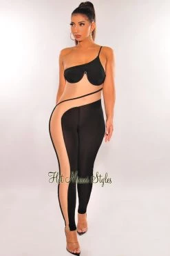 Queen Mania Just In Black Nude Mesh One Shoulder Underwire Sheer Jumpsuit