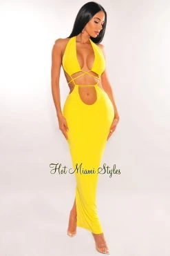WIN WIN APPARIL Yellow Halter Drawstring Keyhole Cut Out Dress