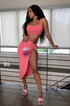 MEEK Just In Coral Double Lined Tank Knotted Slit Maxi Skirt Two Piece Set