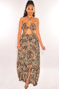 LUXXEL Animal Print Halter Cut Out Gold Chain Belted Double Slit Maxi Dress Just In