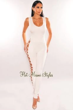 Dexire Just In White Sleeveless Lace Up Jumpsuit