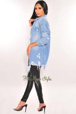 AMERICAN BAZI... Denim Collared Button Up Distressed Jacket Just In