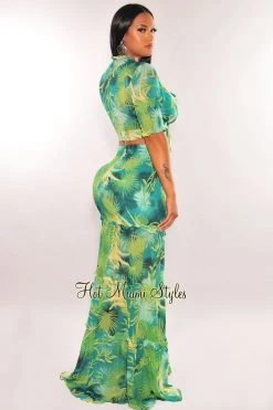 Banjul Green Tropical Print Tie Up Smock Ruffle Maxi Skirt Two Piece Set