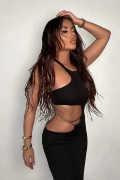 Vendor-unknown Black Sleeveless Gold Chain Cut Out Midi Dress Just In