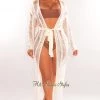 No 1 White Long Sleeve Ladder Cut Belted Cover Up Swim