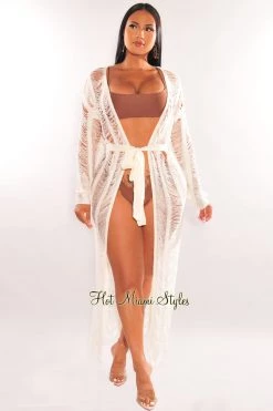 No 1 White Long Sleeve Ladder Cut Belted Cover Up Swim