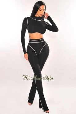 Dexire Just In Black Exposed Seams Long Sleeve Flare Pant Two Piece Set