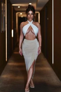 HYFVE Sand Shimmery High Waist Ruched Slit Skirt