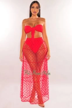 Hollywood & I Red Polka Dot Sheer High Waist Maxi Skirt Cover Up