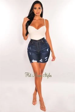 Vendor-unknown Dark Denim High Waist Distressed Frayed Hem Biker Shorts Just In