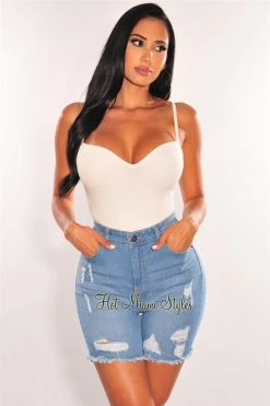 Vendor-unknown Just In Light Blue Denim High Waist Distressed Frayed Hem Biker Shorts