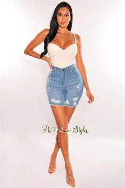 Vendor-unknown Just In Light Blue Denim High Waist Distressed Frayed Hem Biker Shorts