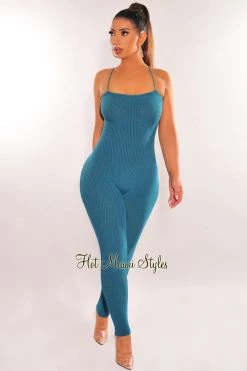 Pretty Knit Deep Teal Ribbed Knit Lace Up Back Jumpsuit Just In