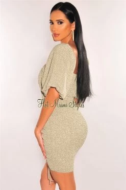 Vendor-unknown Sage Print Short Balloon Sleeve Smocked Ruched Dress Just In