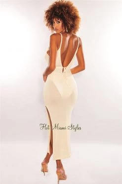 Vendor-unknown Nude Knit Plunge Drawstring Slit Maxi Cover Up Dress Just In