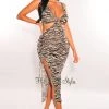 Vendor-unknown Zebra Print V Neck Knotted Cut Out Ruched Slit Dress