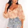 Vendor-unknown Nude Palm Print Long Sleeve Lace Up Back Crop Top