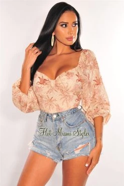 Vendor-unknown Nude Palm Print Long Sleeve Lace Up Back Crop Top