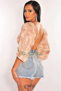 Vendor-unknown Nude Palm Print Long Sleeve Lace Up Back Crop Top